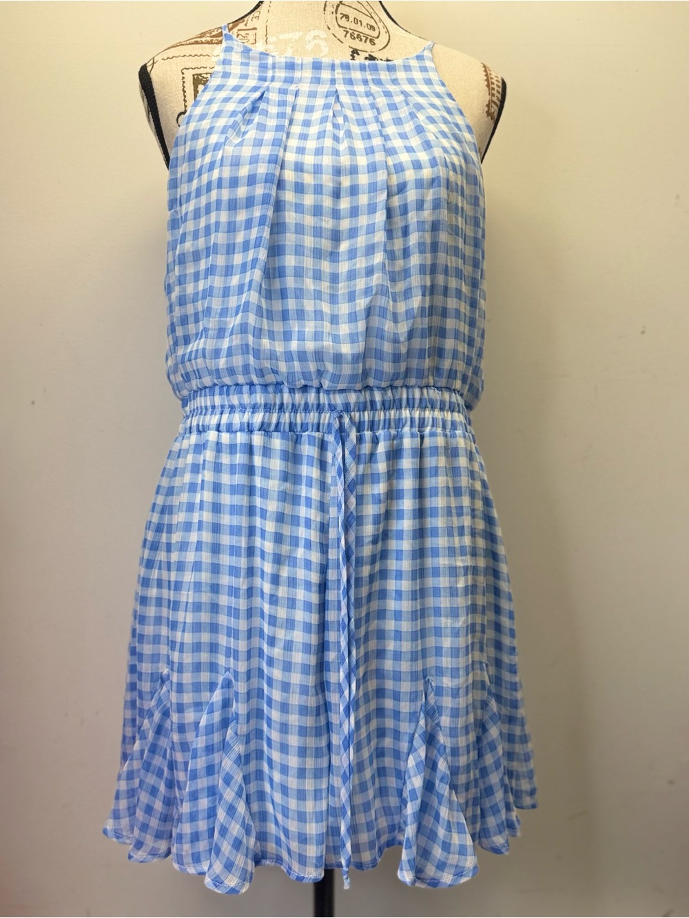 Altar’d State Blue White Gingham Halter Romper XL Ruffle Hem Lined Summer - Picture 2 of 15